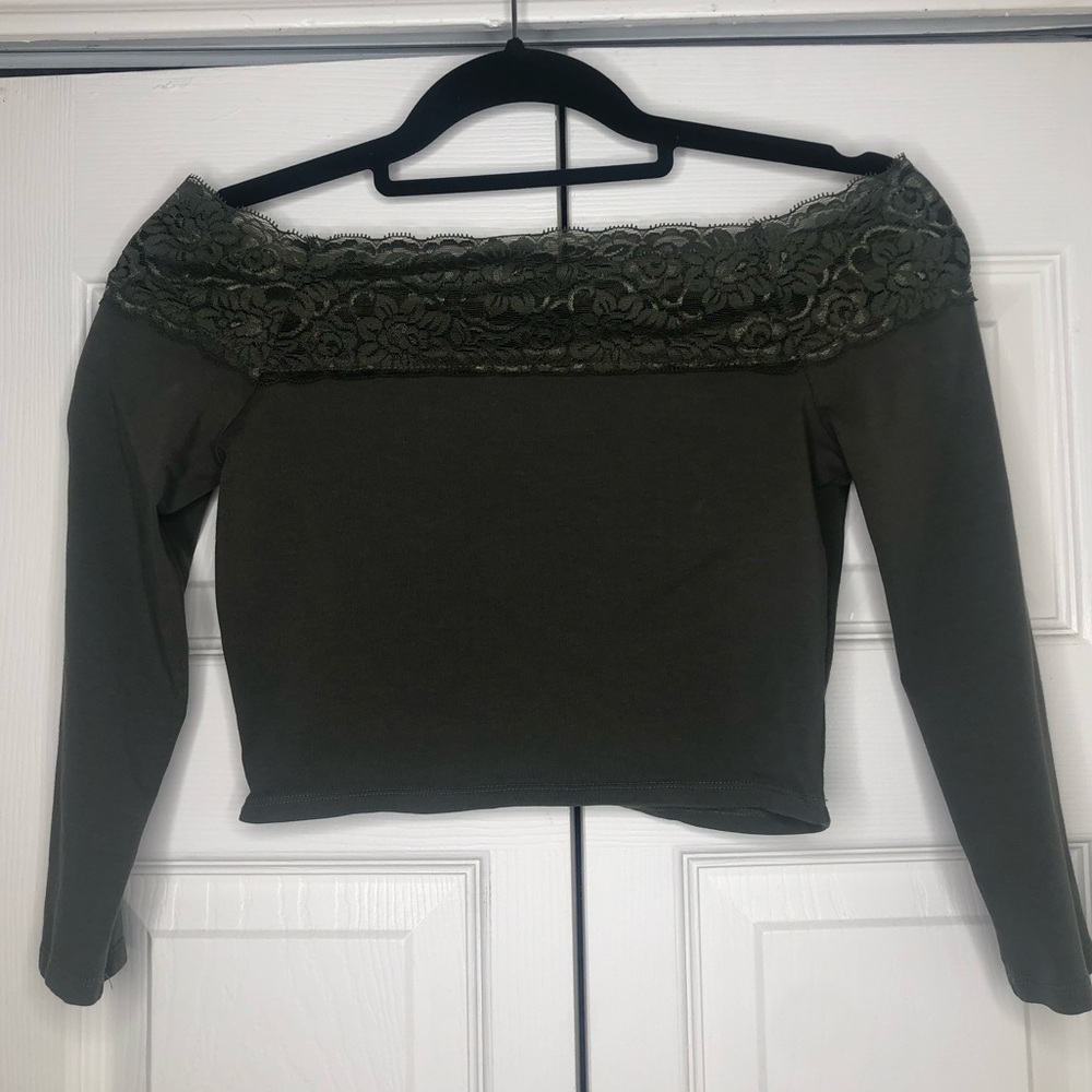 Army Green Lace Off Shoulder Mid Sleeve Croptop